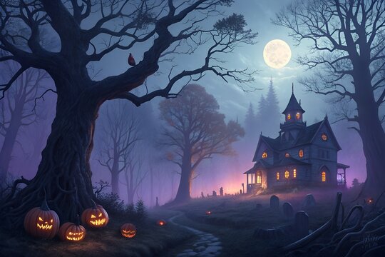 Halloween background with pumpkins and haunted house - 3D render. Halloween background with Evil Pumpkin. Spooky scary dark Night forrest. Holiday event halloween banner background concept - Powered by Adobe