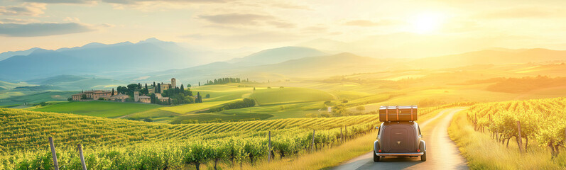 Obraz premium A car with a suitcase on top driving through a scenic countryside road. Green hills, vineyards and a small rustic village in the background.