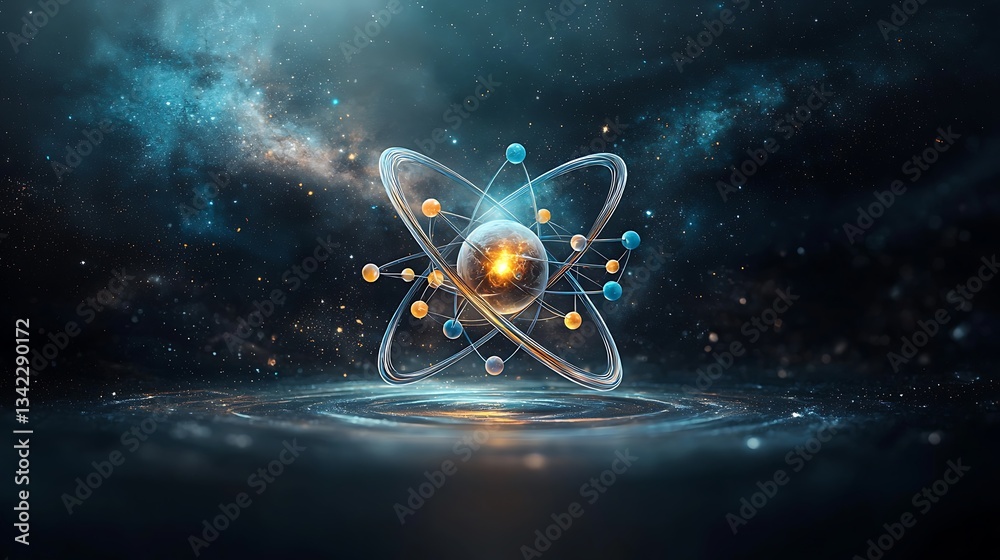 Poster Abstract representation of an atom in a cosmic backdrop