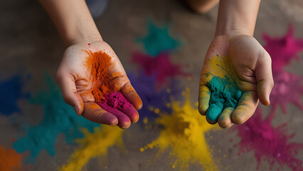 Hands Holding Vibrant Holi Powders with Colorful Splashes Around
