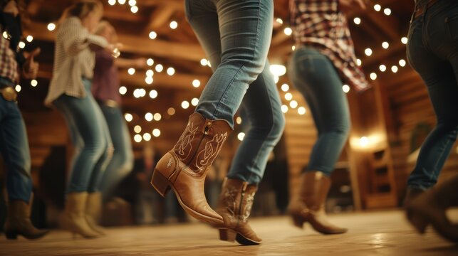 Women line dancing rustic barn, festive lights, party