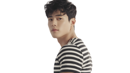 A young individual in a striped shirt posing with a confident expression against a black backg