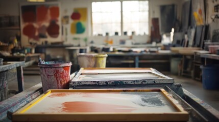 Fototapeta premium Screen printing studio, art supplies
