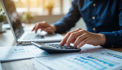 Fototapeta premium Close up businessman hand using calculator to budgeting and tax calculation monthly expenses. budget management and accounting on table. Business finance accounting banking concept.