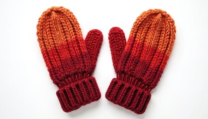 Rustic warm winter gradient red knit mittens on transparent background. Pair of knitted gloves protect from cold weather. Woolen apparel clothing accessory for outdoor activities. Design elements for