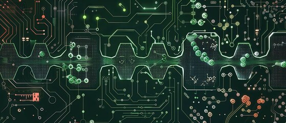 Complex DNA-based computing system organic patterns blur over dark green. Minimal energy use visualized at molecular scale.