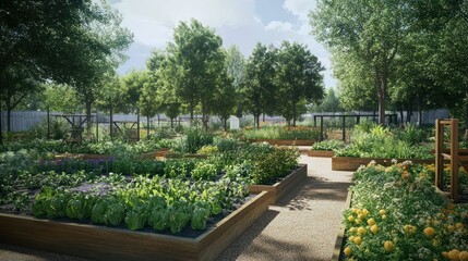 Fototapeta premium Community garden, sunny day, raised beds, lush plants, suburban setting, marketing