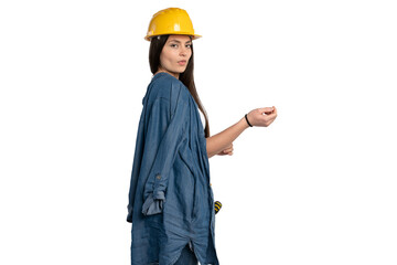 Confident female worker in denim and hard hat