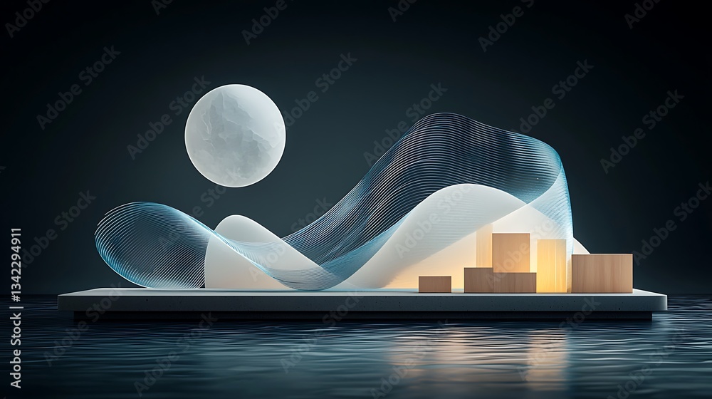 Poster abstract, tranquil scene with moon and flowing forms