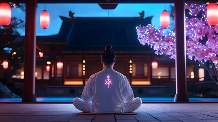 Mystical Cyber Warrior Meditating in a Glowing Asian Temple at Night