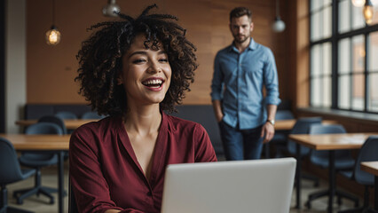 Happy African American Woman Using Laptop in Social Setting