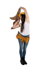 Naklejka premium Female construction worker putting on a plaid shirt