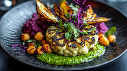 Charred Cauliflower Steak with Green Pesto and Roasted Chickpeas on Black Plate