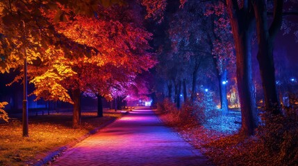 Night park path, autumn leaves, colorful lights, misty background, romantic ambiance
