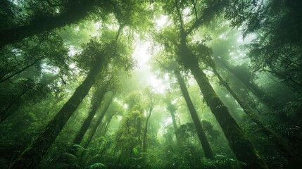Naklejka premium Misty rainforest canopy, low-angle view, sunlight filtering, lush undergrowth, nature background