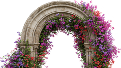 Stone Archway Draped in Vibrant Purple Pink Bougainvillea Flowers Romantic Garden Entrance