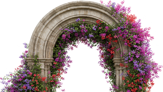 Stone Archway Draped in Vibrant Purple Pink Bougainvillea Flowers Romantic Garden Entrance