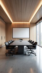 Fototapeta premium Executive office room with luxury design for business meetings. Modern interior with wood paneling, stylish black chairs, big gray table, large window. Blank whiteboard screen for presentation.
