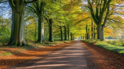 Fototapeta premium Autumnal tree-lined path, sunlight dappled, peaceful