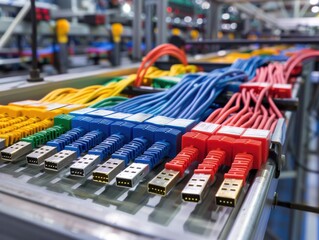 Ethernet cable color coding production line showcasing technical precision and systematic organization in a manufacturing process.