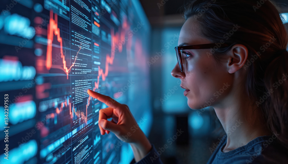 Poster Data analyst examines complex financial data on screen. Woman analyzes charts, graphs with AI tech, machine learning. Big data analytics for business, stock market forecasts, investment. Female