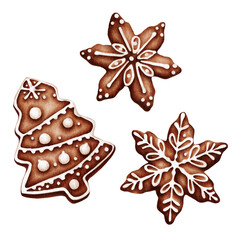 Watercolor illustration of Christmas cookies in the shapes of a tree and snowflakes, decorated with icing. The design on a white background is perfect for holiday print materials, packaging, greeting 
