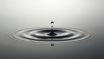 Water drop creates concentric ripples in still water. Grey hazy backdrop. Minimalist design. Simple composition. Serene tranquil peace. Fluid abstract design. Monochrome photo.