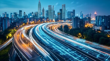 Fototapeta premium A vibrant cityscape at night, showcasing illuminated highways and skyscrapers.