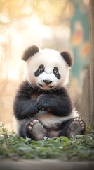 Fototapeta premium Adorable baby panda sitting amongst greenery