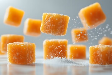 Sweet caramel candy cubes with sea salt crystals floating and falling on light background, macro food photography with soft focus and bokeh effect.