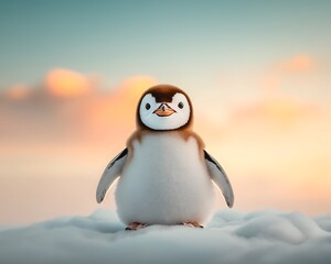 Fototapeta premium Adorable baby penguin in snowy landscape at sunset