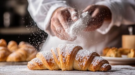 Delicate touch: Pastry chef dusting powdered sugar on a golden croissant