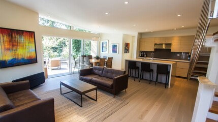 Modern Living Space with Open Kitchen and Bright Natural Light
