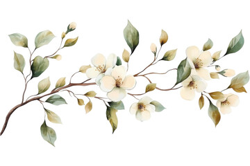 Watercolor of Tropical spring floral green leaves and flowers s isolated on transparent png background, bouquets greeting or wedding card decoration, with Generative Ai
