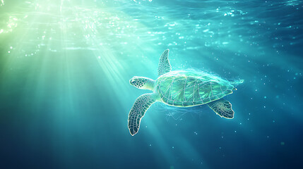 Fototapeta premium Digital Illustration of Sea Turtle Entangled in Plastic Net, Blue Tones, Ocean Conservation 