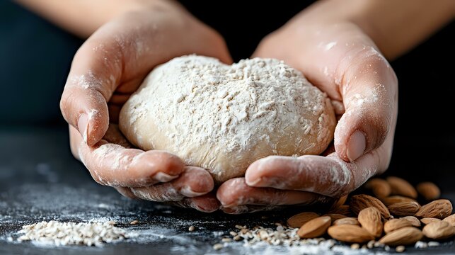 Fresh dough ball in female hands with flour dust and scattered almonds on dark background, close up view for bakery and cooking concepts.