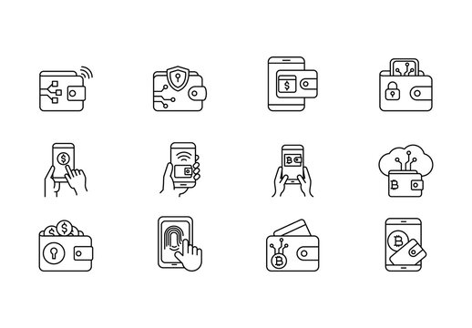 Black and White Virtual Wallet Technology Icons Set