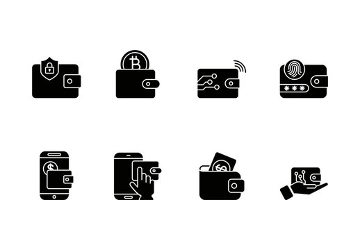 Black and White Virtual Wallet Silhouette Icons Set