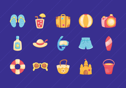 Colorful Beach and Holidays Summer Icons Set