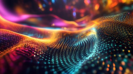 Vibrant Abstract Waves with Glowing Particles and Colorful Lights Creating a Dynamic Digital Landscape in a Futuristic Style