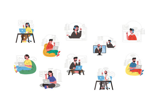 Modern Hybrid Work Remote Office Illustration Set