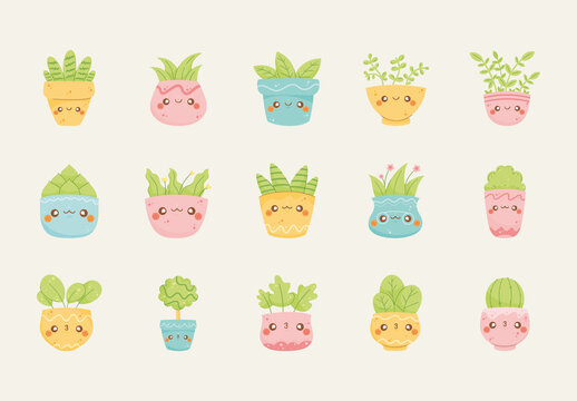 Adorable Kawaii Cute Flowers and Plants Icons Set