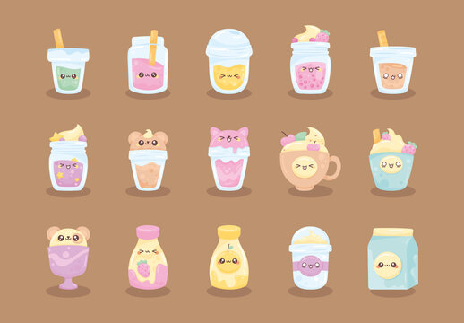 Cute Kawaii Bubble Tea and Juice Drinks Icons Set
