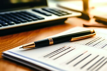 Fototapeta premium Luxury pen on business contract papers with calculator in background, warm lighting creates professional atmosphere for signing documents and agreements.