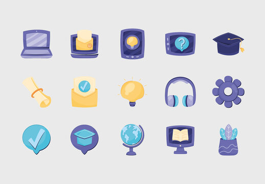 Colorful Online Education Learning Digital Tools Icons Set