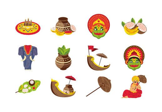 Colorful Onam Kerala Culture Festival Celebration Illustration Set