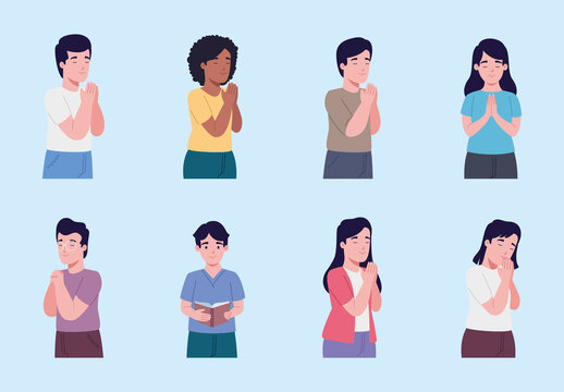 Colorful Student Praying Worship Religious Spiritual Illustration Set