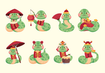 Green Snake Chinese New Year Illustration Set