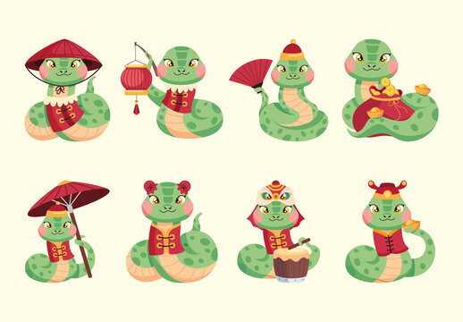 Green Snake Chinese New Year Illustration Set