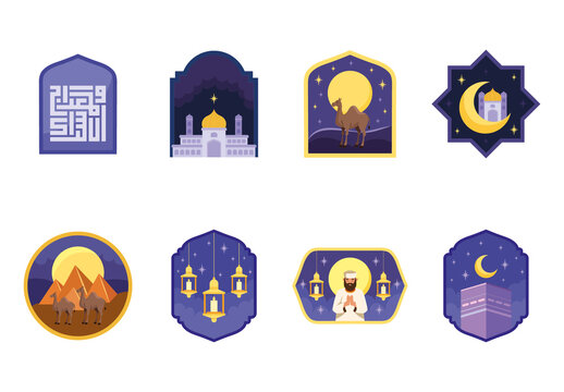 Purple and Yellow Lailat Al Miraj Islamic Icons Set